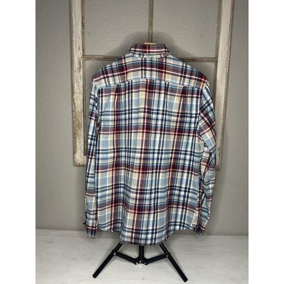 Merona Mens Flannel Shirt Sz Med. Button Down Cotton Long Sleeve Blue Red Tan - Picture 4 of 11